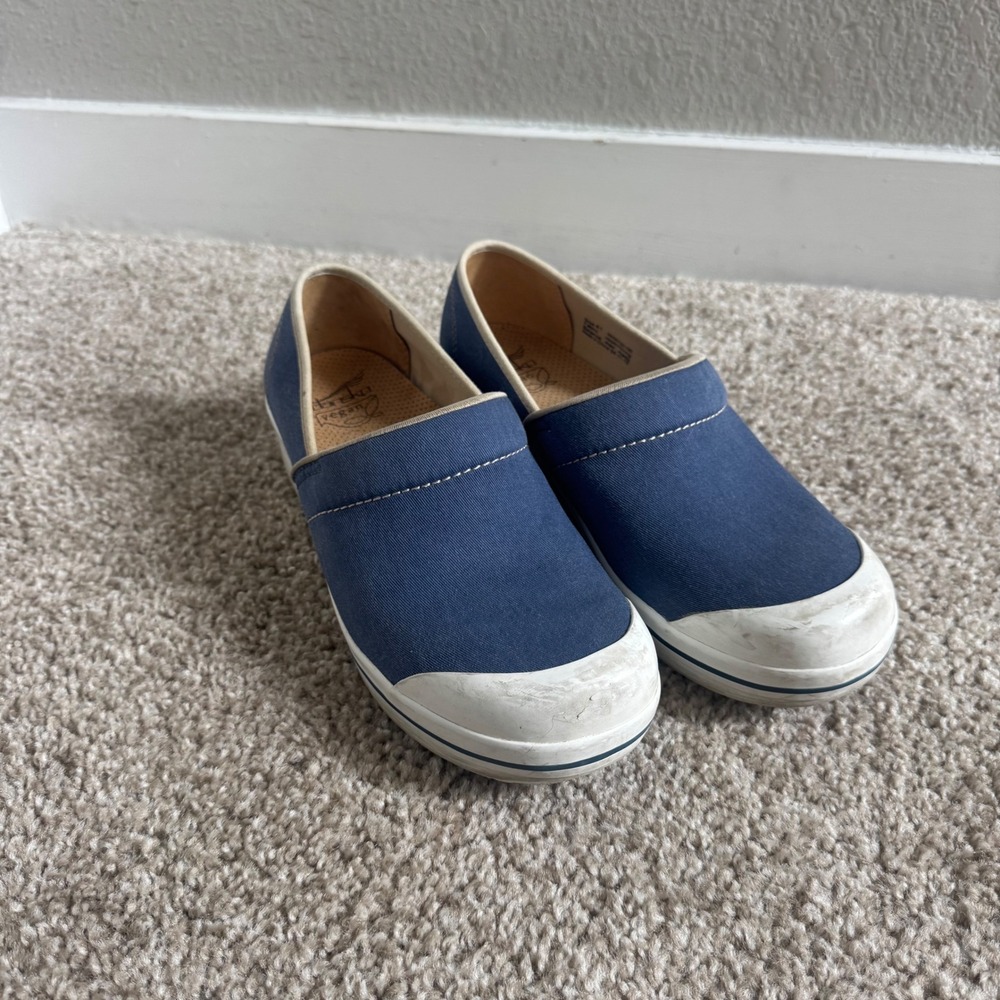 Dansko Vegan Blue Canvas Slip On Clogs Shoes Womens 41 Slip Resistant Toe Cap